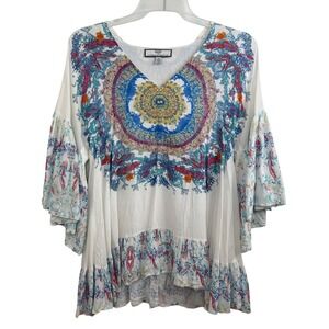 Hilary Radley Katherine Barclay Tunic S Medallion Bell Sleeve Ruffle Viscose Top